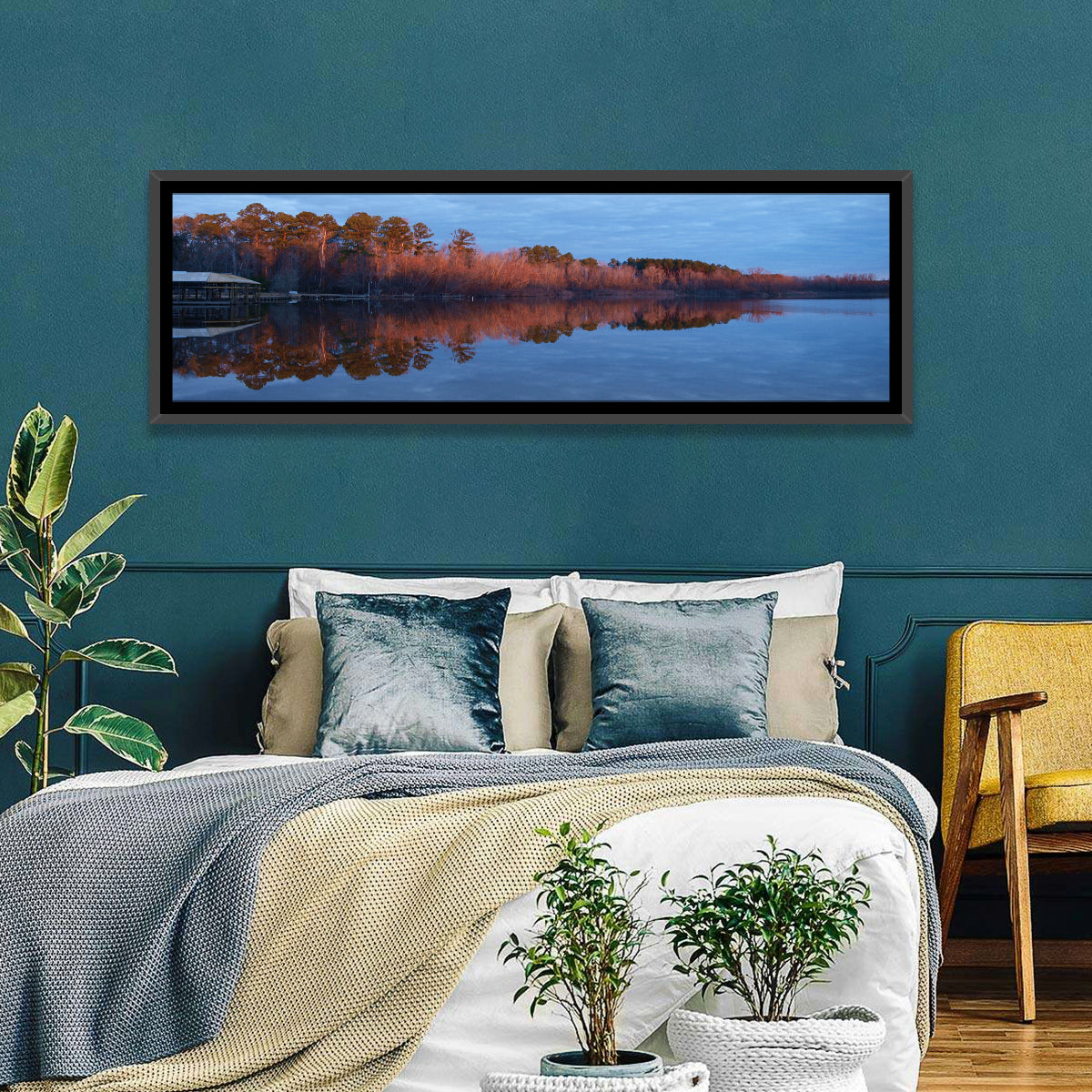 Lake Livingston Pier at Golden Hour Wall Art in a room, panoramic