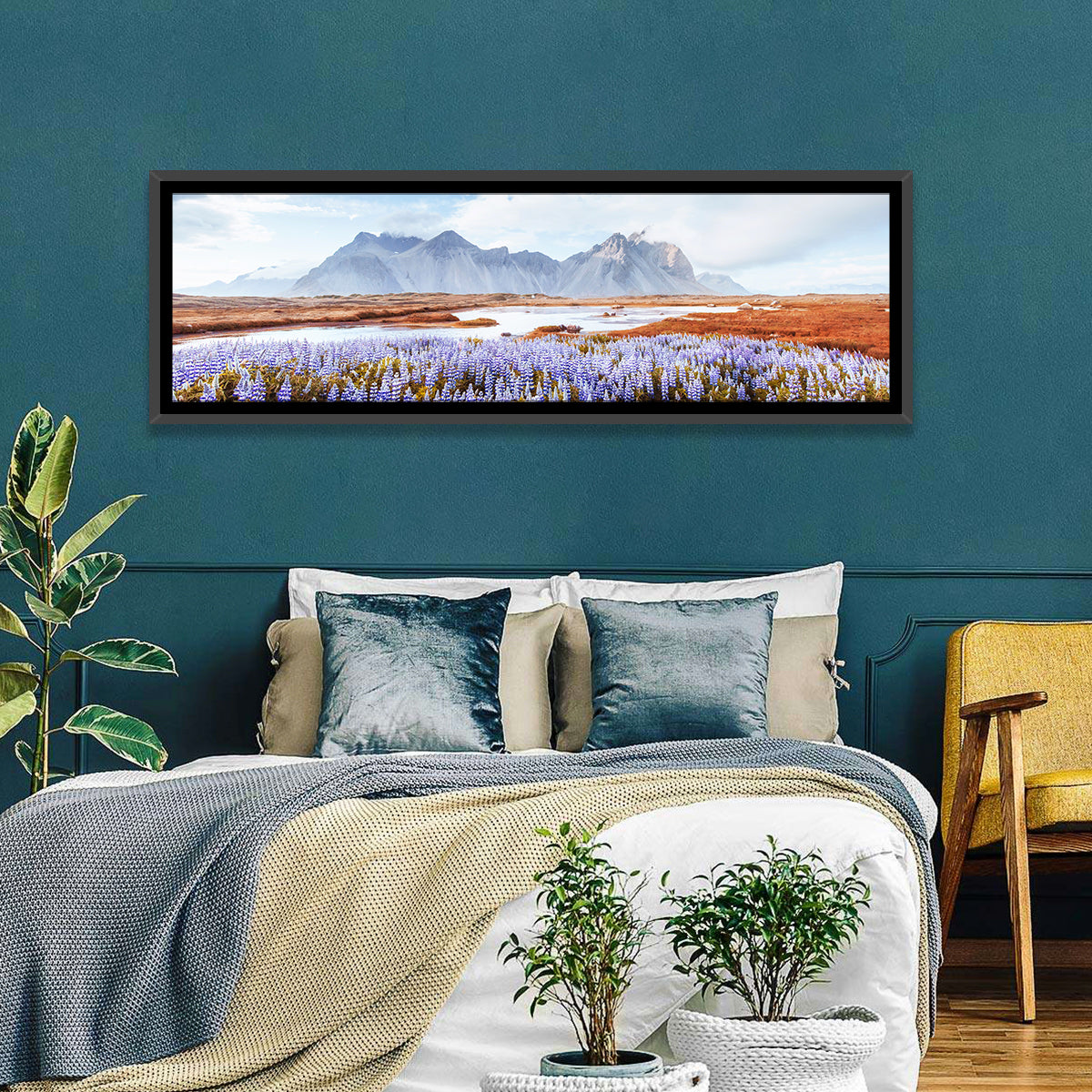Lupine Fields at Vestrahorn Wall Art in a room, panoramic