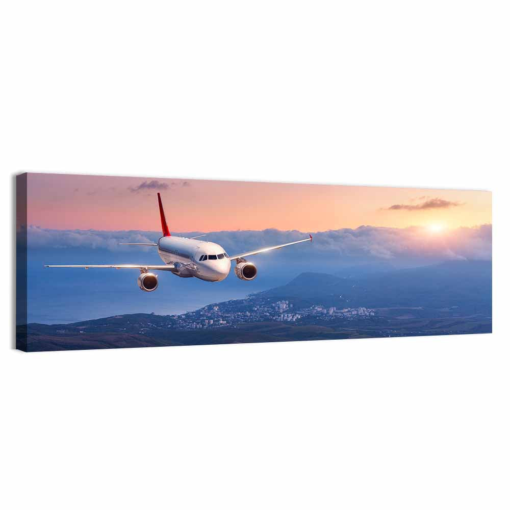 Passenger Jet at Sunset Wall Art, canvas print, panoramic