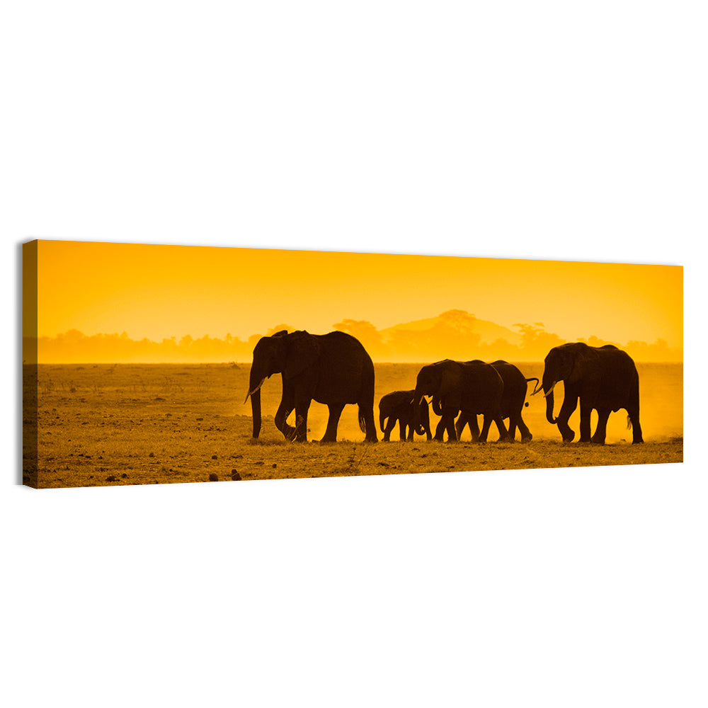 Elephant Family Silhouette Wall Art, canvas print, panoramic