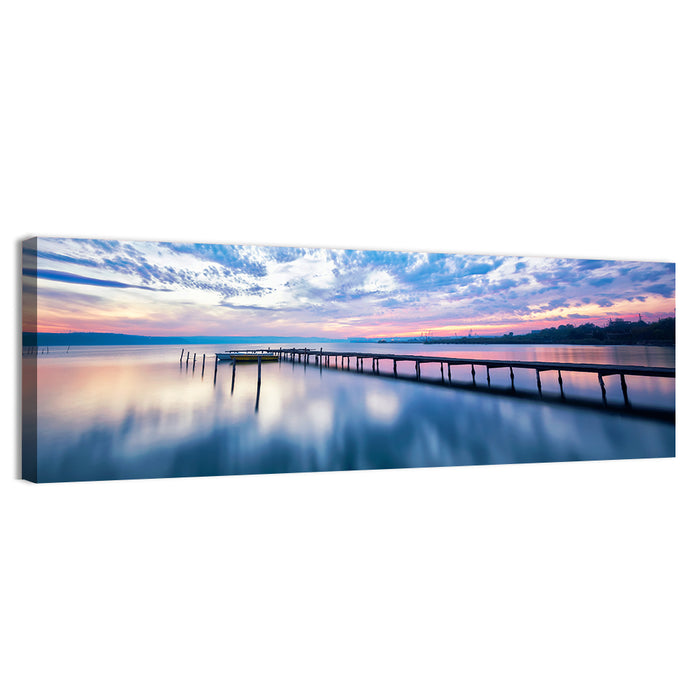 Cloudy Lake Pier at Dusk Wall Art as a canvas print
