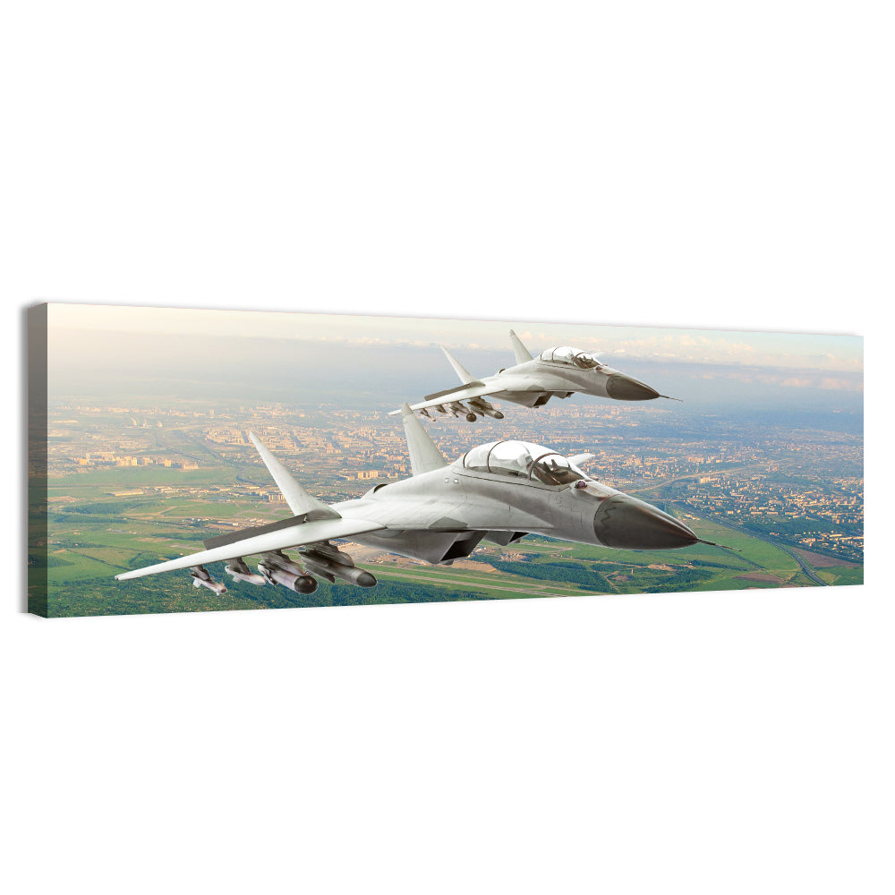 Twin Fighter Jets Over Cityscape Wall Art