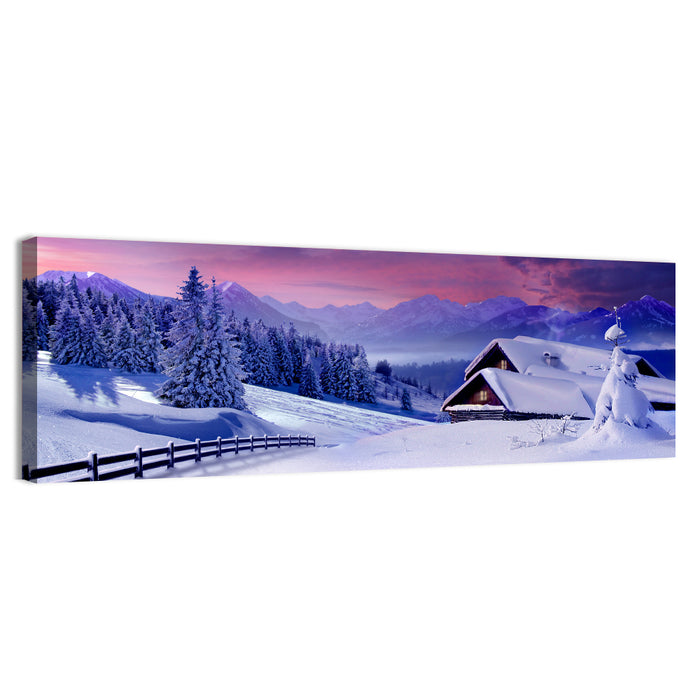 Snowy Mountain Cabin Wall Art as a canvas print