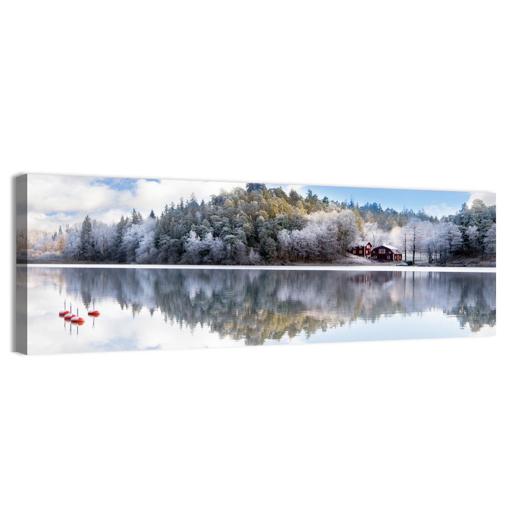 Red Cottages on Winter Lake Wall Art, canvas print, panoramic