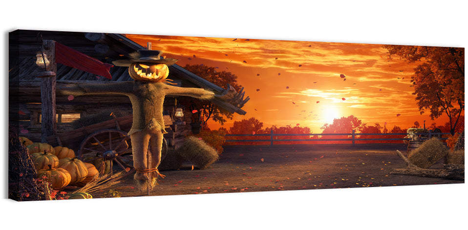 Glowing Pumpkin Scarecrow at Dusk Wall Art
