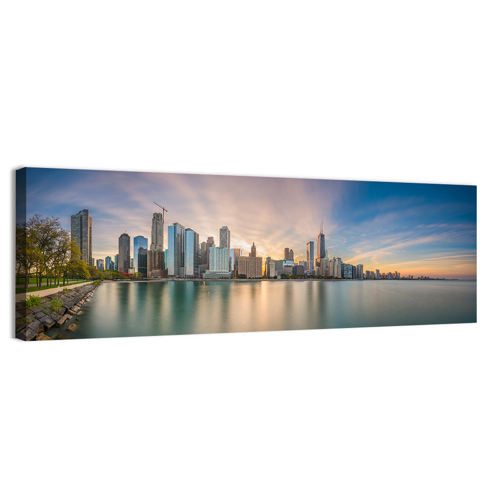 Chicago Skyline at Golden Hour Wall Art, canvas print, panoramic