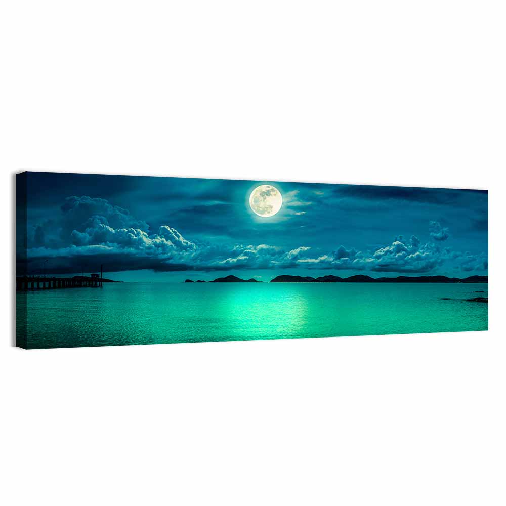 Moonlit Pier Seascape Wall Art, canvas print, panoramic