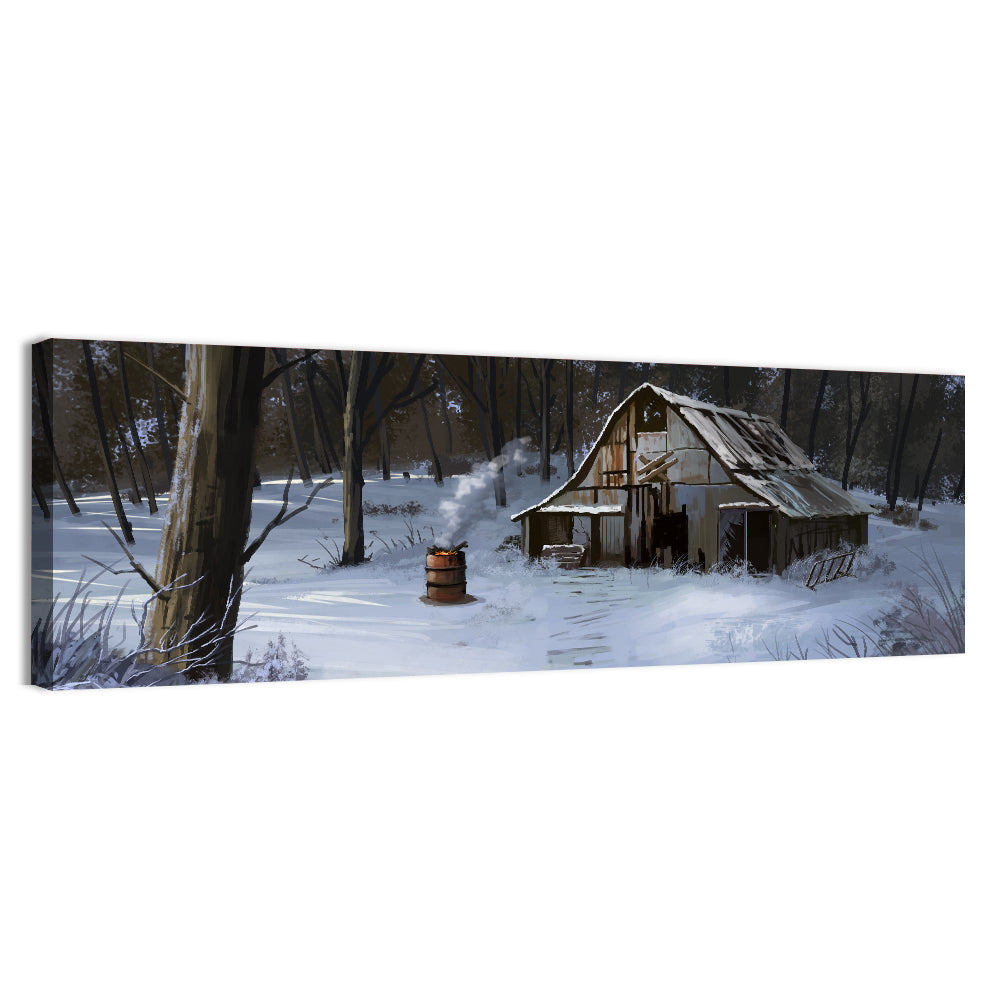 Snowy Barn in Winter Forest Wall Art