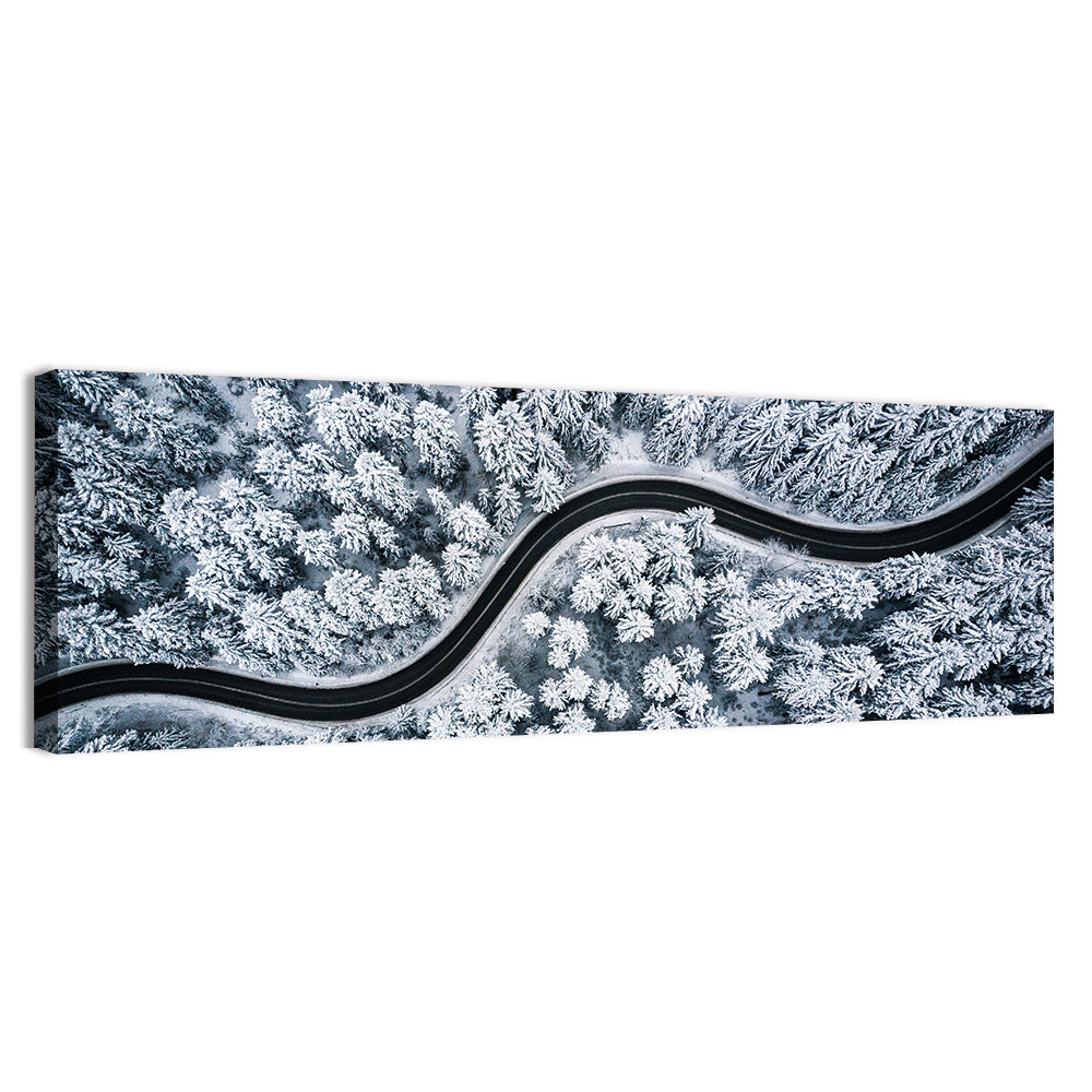 S-curve Winter Forest Road Wall Art, canvas print, panoramic