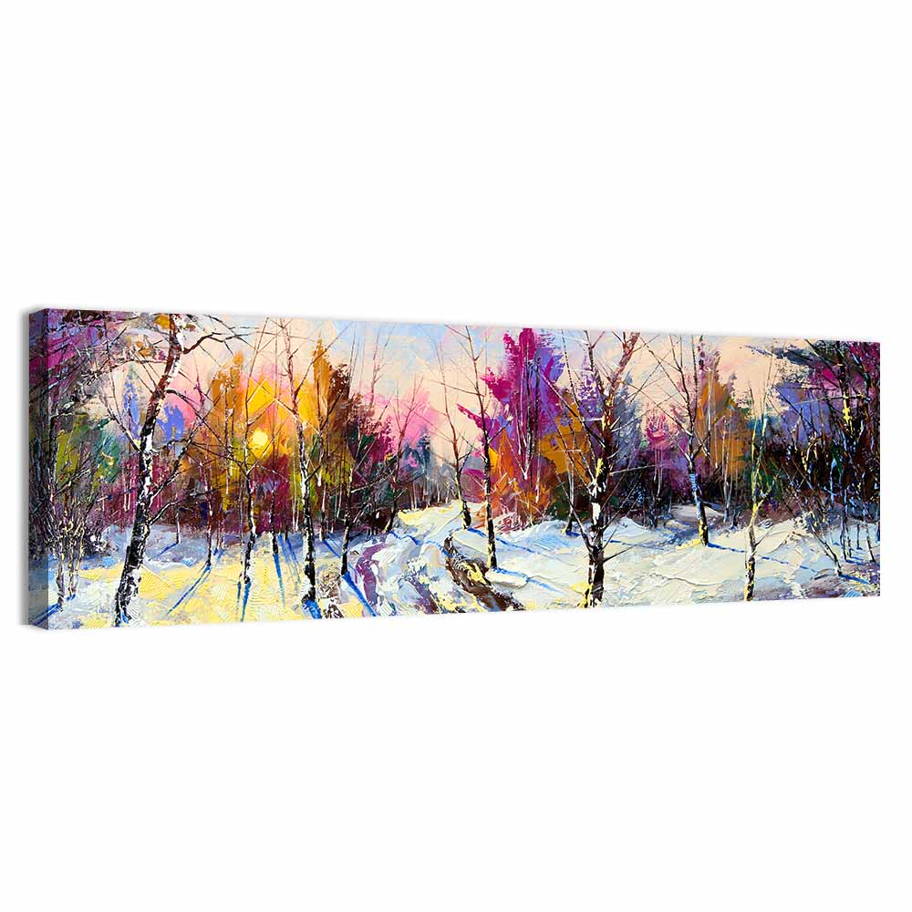 Snowy Birch Path at Sunset Wall Art, canvas print, panoramic