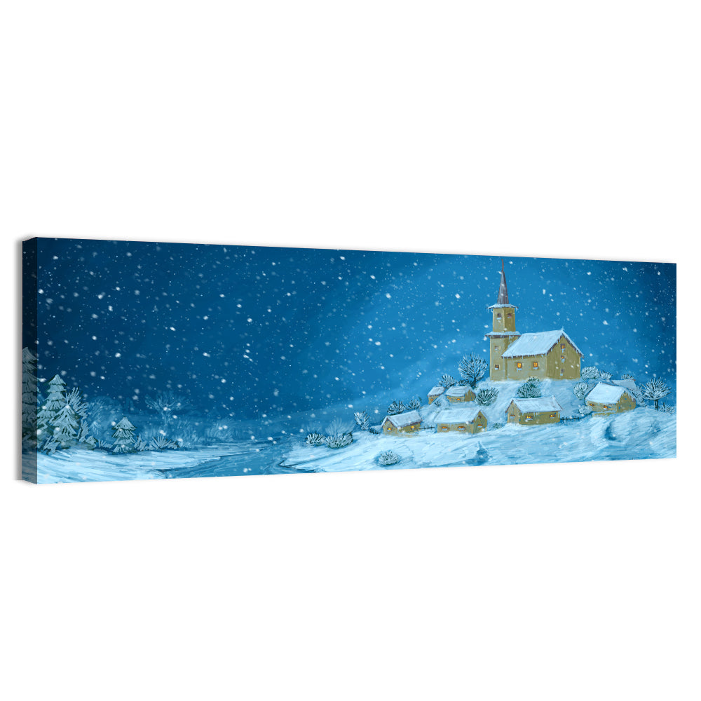 Snowy Village Church at Night Wall Art