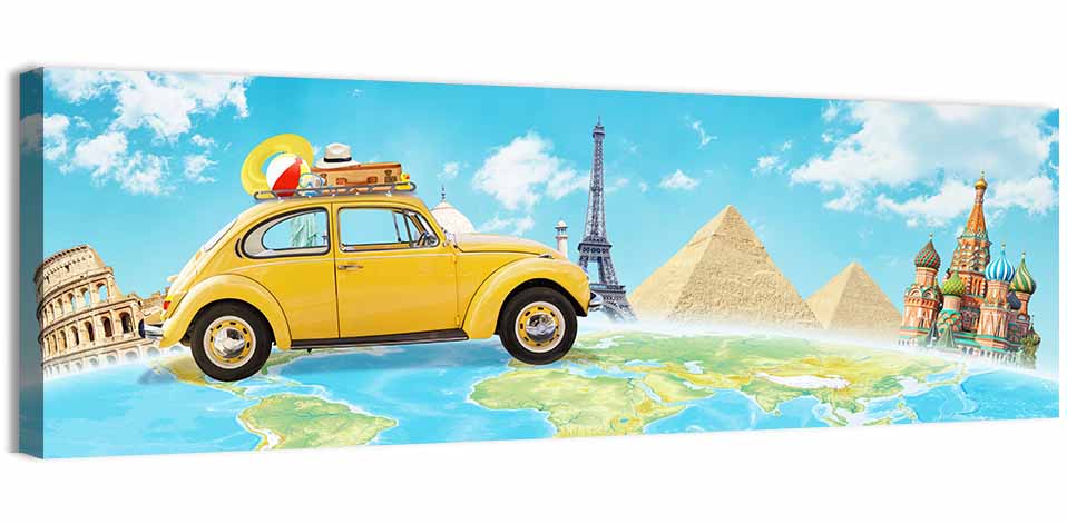 Yellow Beetle World Road Trip Wall Art, canvas print, panoramic