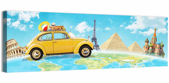 Yellow Beetle World Road Trip Wall Art as a canvas print