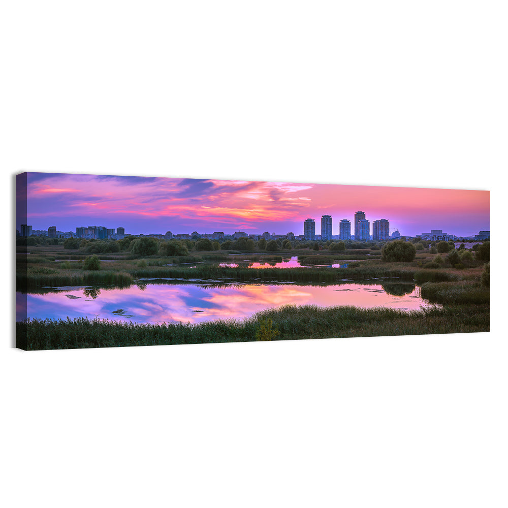 Vacaresti Park Sunset Reflection Wall Art, canvas print, panoramic