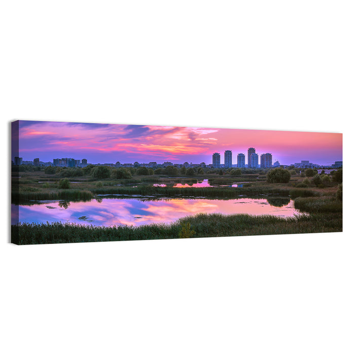 Vacaresti Park Sunset Reflection Wall Art as a canvas print