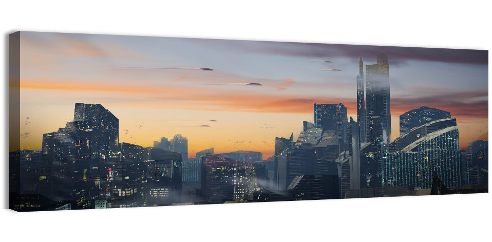 Futuristic City Skyline at Dusk Wall Art