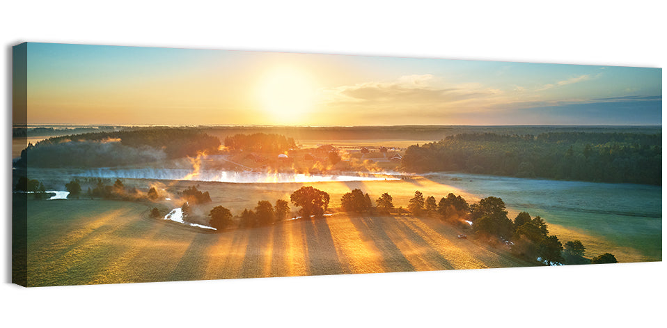 Sunrise Over Misty Meadow Wall Art, canvas print, panoramic