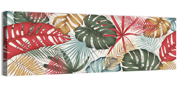 Red and Green Tropical Leaves Pattern Wall Art as a canvas print