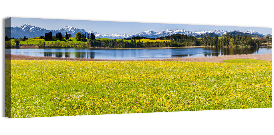 Alpine Lake Meadow with Dandelions Wall Art, canvas print, panoramic