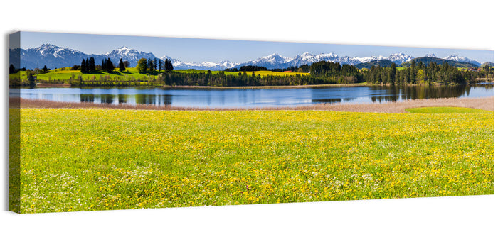 Alpine Lake Meadow with Dandelions Wall Art as a canvas print