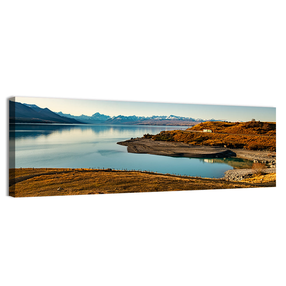 Lake Pukaki Golden Hour with Mount Cook Wall Art, canvas print, panoramic