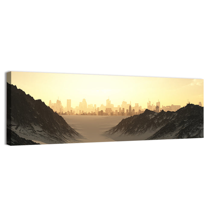 Futuristic City Sunset Wall Art as a canvas print