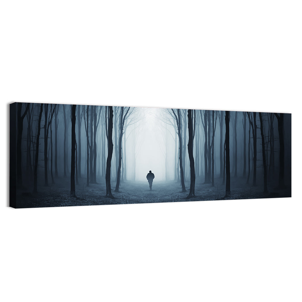 Lone Figure in Misty Forest Wall Art, canvas print, panoramic