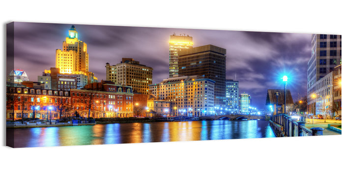 Providence River Night Skyline Wall Art as a canvas print