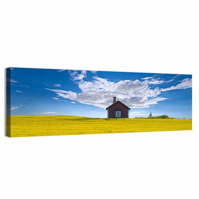 Red Barn in Golden Wheat Field Wall Art as a canvas print