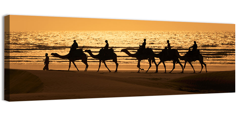 Camel Caravan Silhouette on Wet Sand Wall Art, canvas print, panoramic