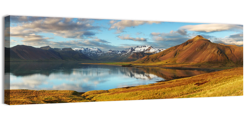 Icelandic Mountain Lake at Golden Hour Wall Art, canvas print, panoramic