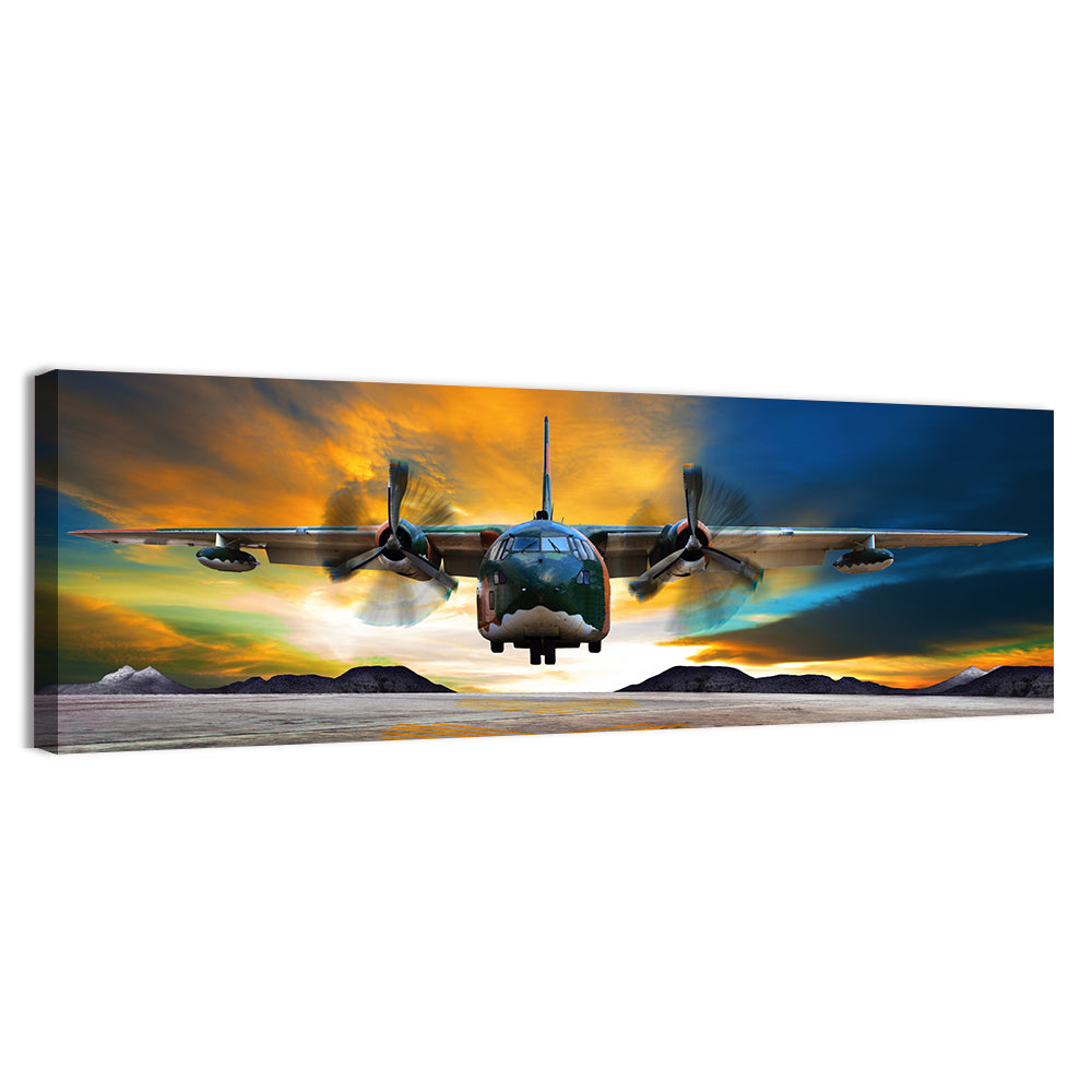 Cargo Plane Landing at Sunset Wall Art, canvas print, panoramic