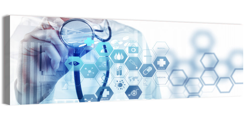Stethoscope Checkup with Medical Icons Wall Art, canvas print, panoramic