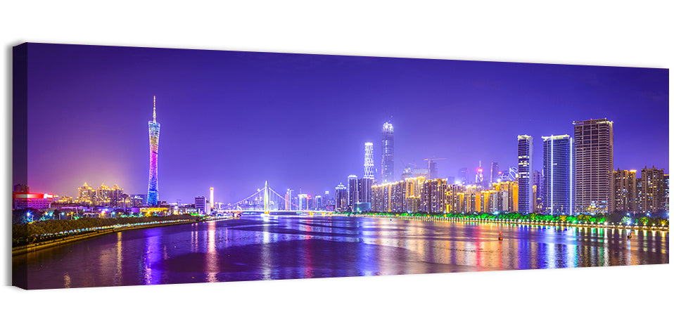 Guangzhou Skyline Night Over Pearl River Wall Art, canvas print, panoramic