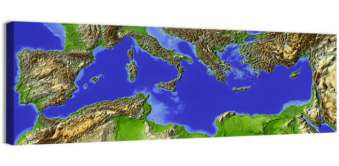 Mediterranean Sea Shaded Relief Map Wall Art as a canvas print