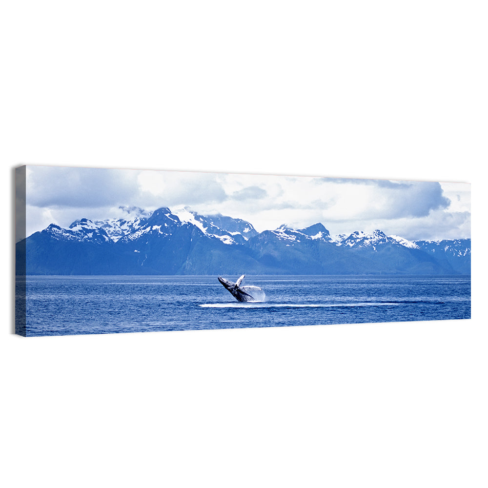 Humpback Whale with Snow Capped Mountains Wall Art, canvas print, panoramic