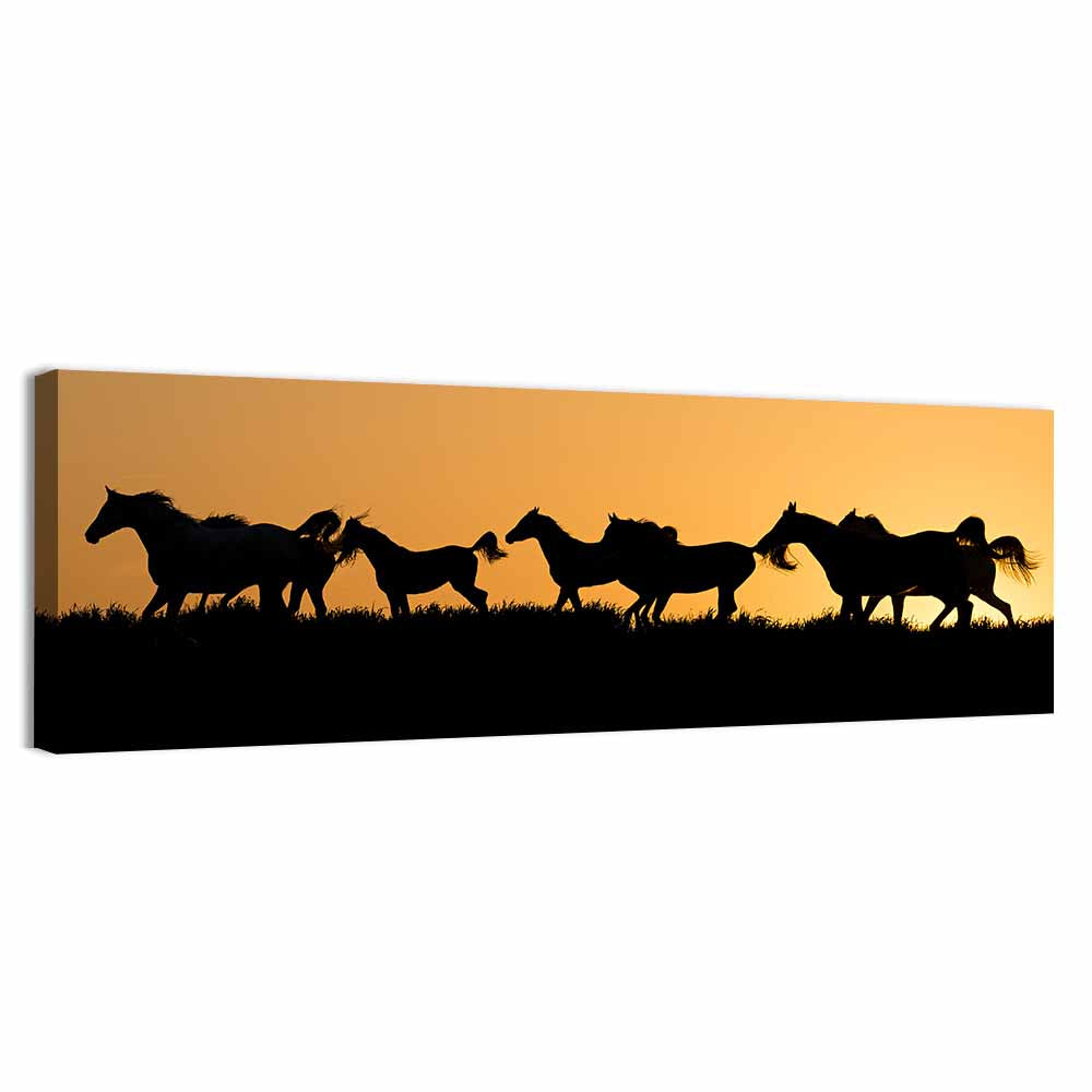 Arabian Horse Silhouettes at Sunset Wall Art, canvas print, panoramic