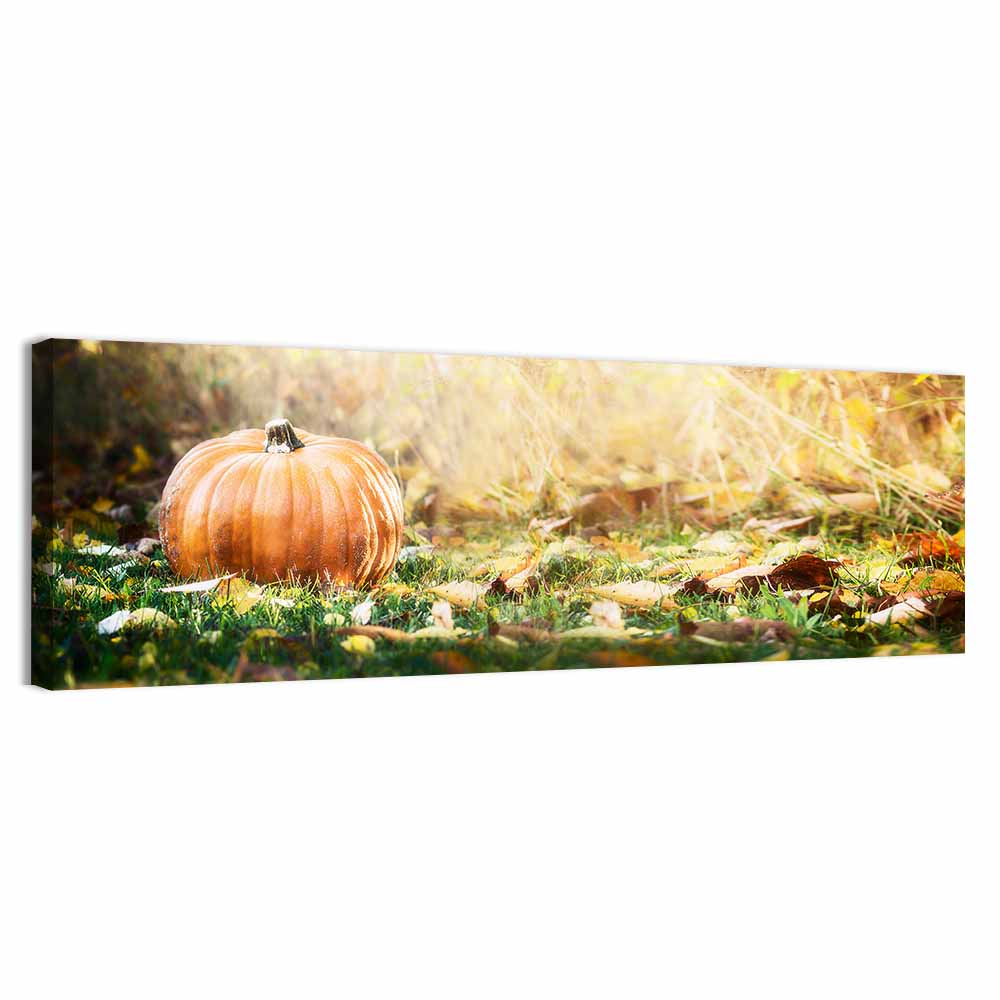 Autumn Pumpkin in Golden Foliage Wall Art, canvas print, panoramic