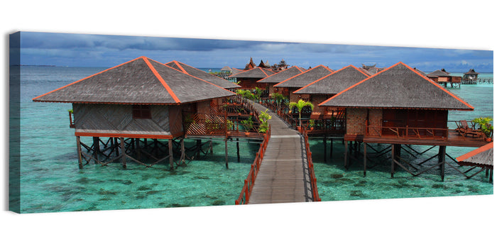 Overwater Bungalows Boardwalk Over Turquoise Sea Wall Art as a canvas print