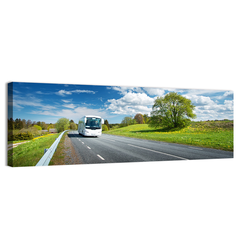 White Bus on Meadow Road Wall Art, canvas print, panoramic