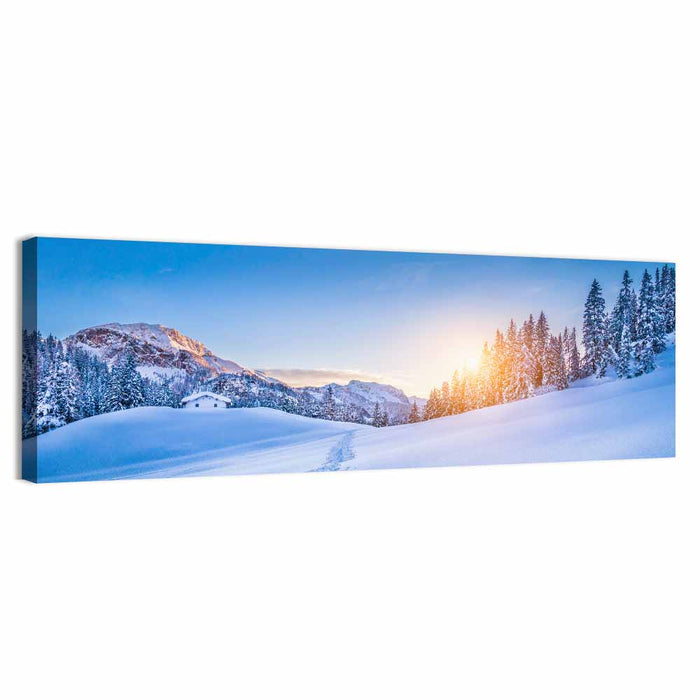 Snowy Mountain Chalet Sunset Wall Art as a canvas print