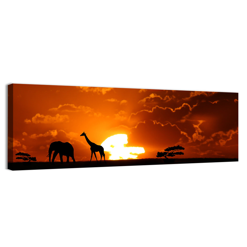Safari Sunset Silhouettes Wall Art, canvas print, panoramic