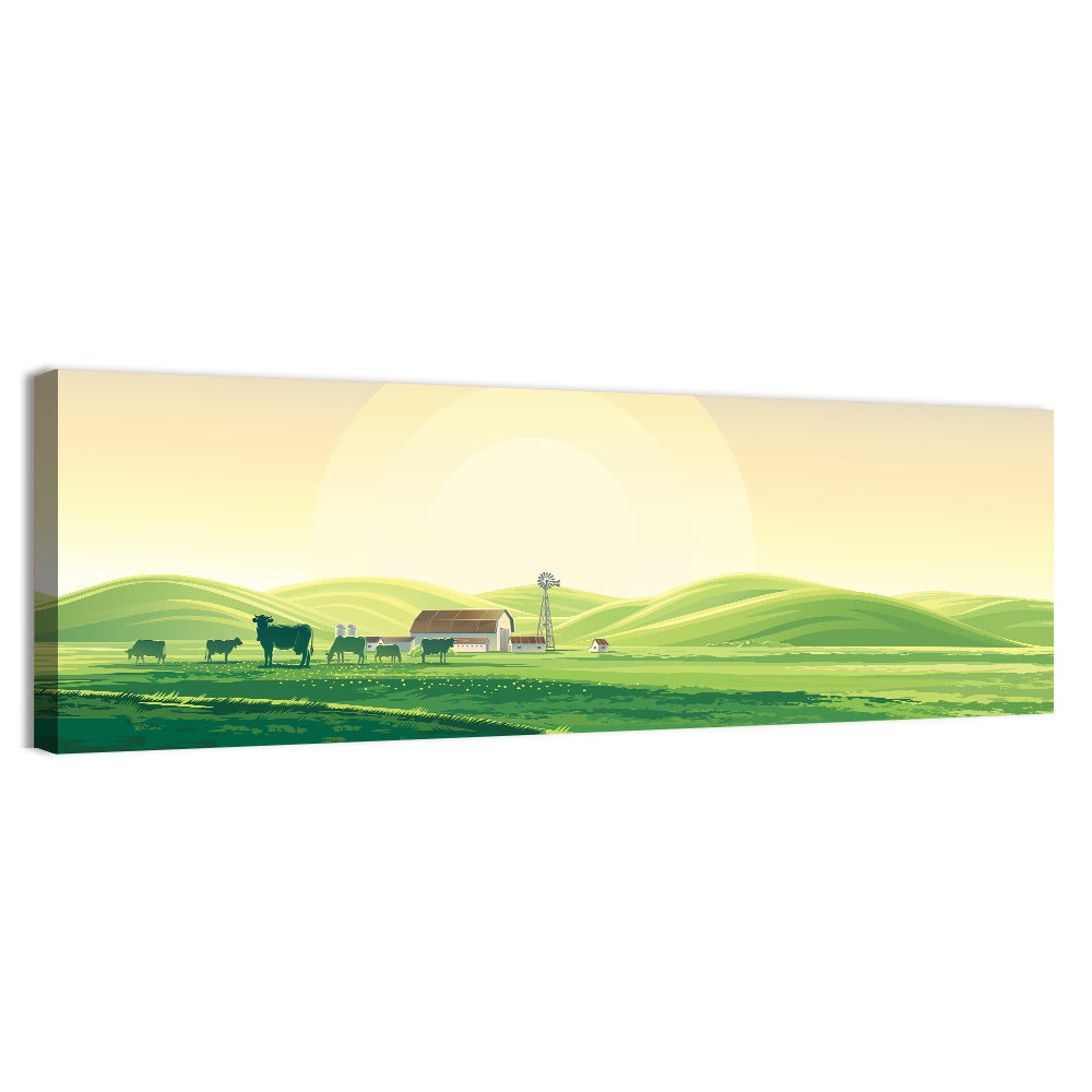 Pastoral Farm Landscape Illustration Wall Art, canvas print, panoramic