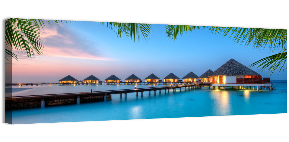 Overwater Bungalows at Twilight Wall Art, canvas print, panoramic
