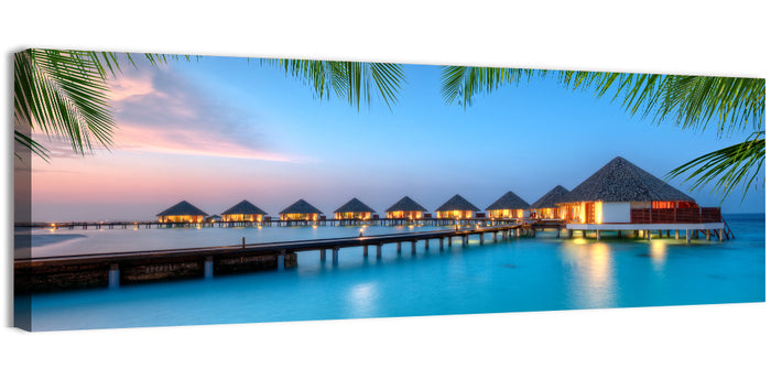 Overwater Bungalows at Twilight Wall Art as a canvas print
