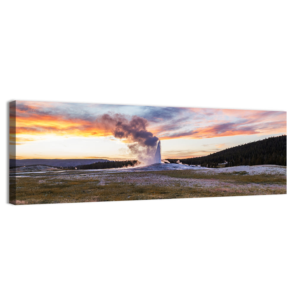 Old Faithful Erupting at Sunset Wall Art, canvas print, panoramic