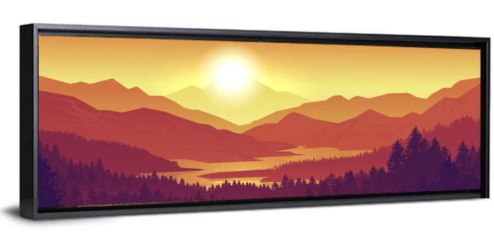 Sunset Pines and Layered Mountains Wall Art as a framed canvas