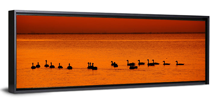Geese Silhouettes at Orange Sunset Wall Art as a framed canvas