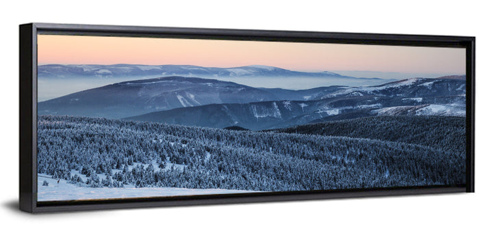 Jeseníky Winter Mist Wall Art as a framed canvas