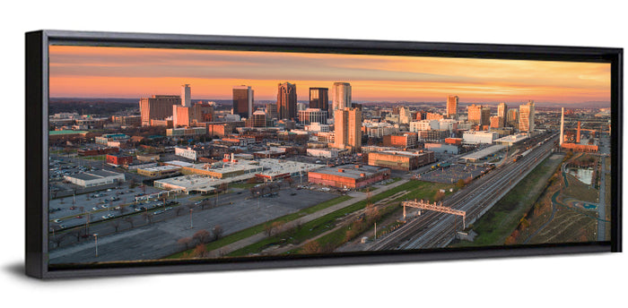 Birmingham Golden Hour Skyline Wall Art as a framed canvas